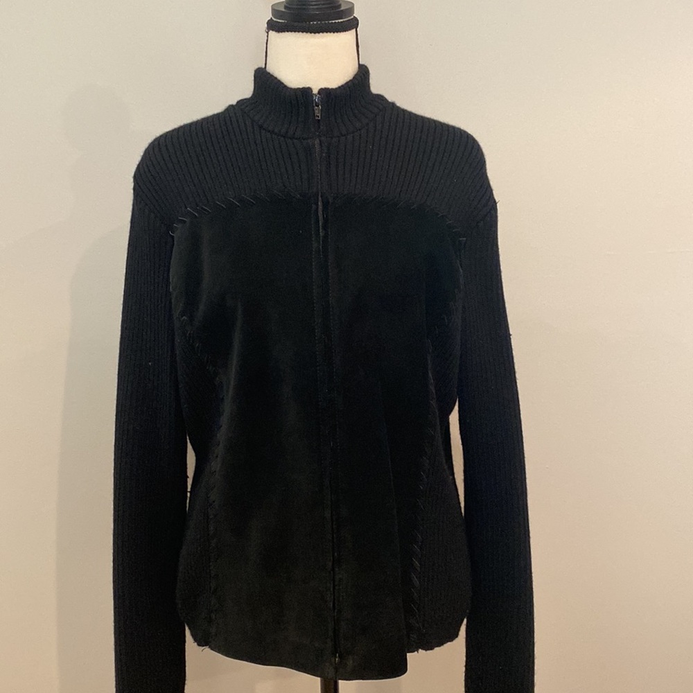 Womens Willi Smith leather stitched full zip cardigan jacket wool blend